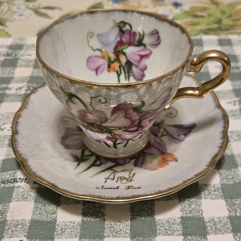 Vintage April Sweet Pea Tea Cup & Saucer Iridescent Floral TMJ Japan